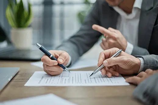 Anschlussfinanzierung – Immobilien24.de Zwei Personen beim Unterschreiben eines Vertrags mit Kugelschreibern